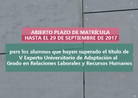 Abierto Plazo de Matrícula para los alumnos que hayan superado el V Experto de Adaptación al Grado en RRll y RRHH