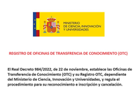 Noticia MICIU: Registro de Oficinas de Transferencia de Conocimiento (OTC)